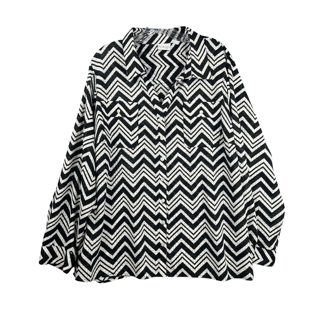 Kim Rogers Curvy 3X Black White Chevron Print Long Sleeve Button Down Shirt